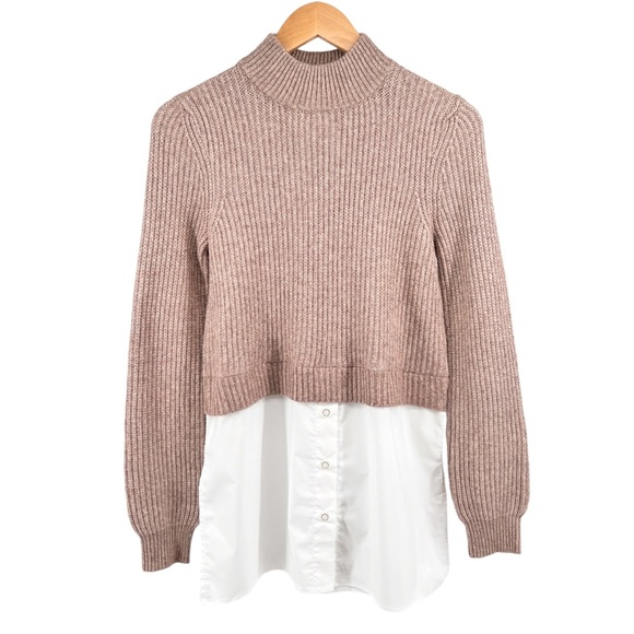 H Halston Mock Neck Layered Sweater Shirt Small Tan White Ribbed Faux Button Up - Picture 1 of 15